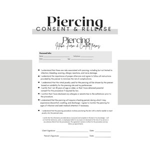 Piercing Client Intake and Consent Form, Ear Piercing Form Template, Body Piercing Client Form, Client Intake Template, Client Consent