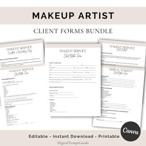 Peut inclure: Un ensemble numérique de formulaires pour maquilleur comprenant une fiche client, une fiche pour maquillage de mariée et une politique d'annulation. Les documents présentent un texte noir sur fond blanc avec un en-tête rose et le logo Canva.