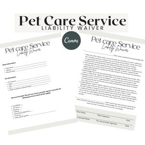 Contract van afstand van aansprakelijkheid voor dierenverzorgingsservice, overeenkomst vrijwaring van aansprakelijkheid, bewerkbaar aansprakelijkheidsformulier voor dierenpension.