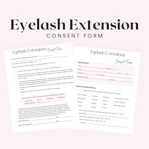 Op de afbeelding: Een tweezijdig toestemmingsformulier voor wimperverlenging met secties voor persoonlijke informatie, medische geschiedenis en handtekeningen van de klant en de wimperstyliste. Het formulier bevat vragen over allergieën, eerdere wimperverlengingen en het begrip van de klant van de procedure.