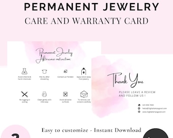 Permanent Jewelry Aftercare and Warranty Card, Editable Business Template (Digital Download)