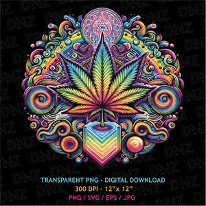 Trippy Blatt Psychedelic Cannabis Kunst, Unkraut Design Png, Regenbogen Kraut - Druckbare digitaler Download für T-Shirts, Poster, Tassen, DIY-Projekte
