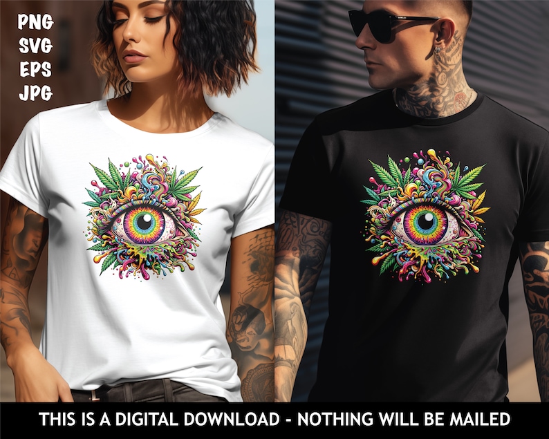 May include: A white and a black t-shirt with a colorful psychedelic eye graphic. The eye is surrounded by green marijuana leaves and colorful swirls.