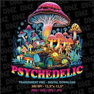 Psychedelic Mushroom PNG, Magic Mushroom Clipart, Trippy T-Shirt Design, Colorful Mushroom, Psychedelic Mushroom Svg, Printable Transparent