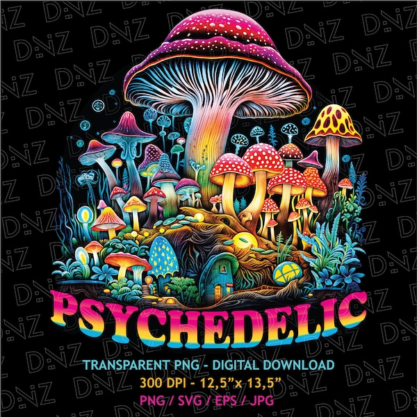 Psychedelic Mushroom PNG, Magic Mushroom Clipart, Trippy T-Shirt Design, Colorful Mushroom, Psychedelic Mushroom Svg, Printable Transparent