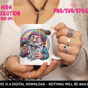 May include: White ceramic mug featuring a colorful cartoon of a psychedelic gnome holding a mushroom. The gnome has a rainbow-colored hat and swirling eyes. Text on the mug reads "HIGH RESOLUTION 300 DPI" and "PNG/SVG/EPS/JPG".