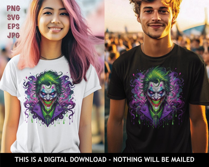 May include: A white and a black t-shirt featuring a graphic print of a green-haired Joker with purple and pink smoke and green dripping paint. The Joker is wearing a purple jacket and has a menacing smile.