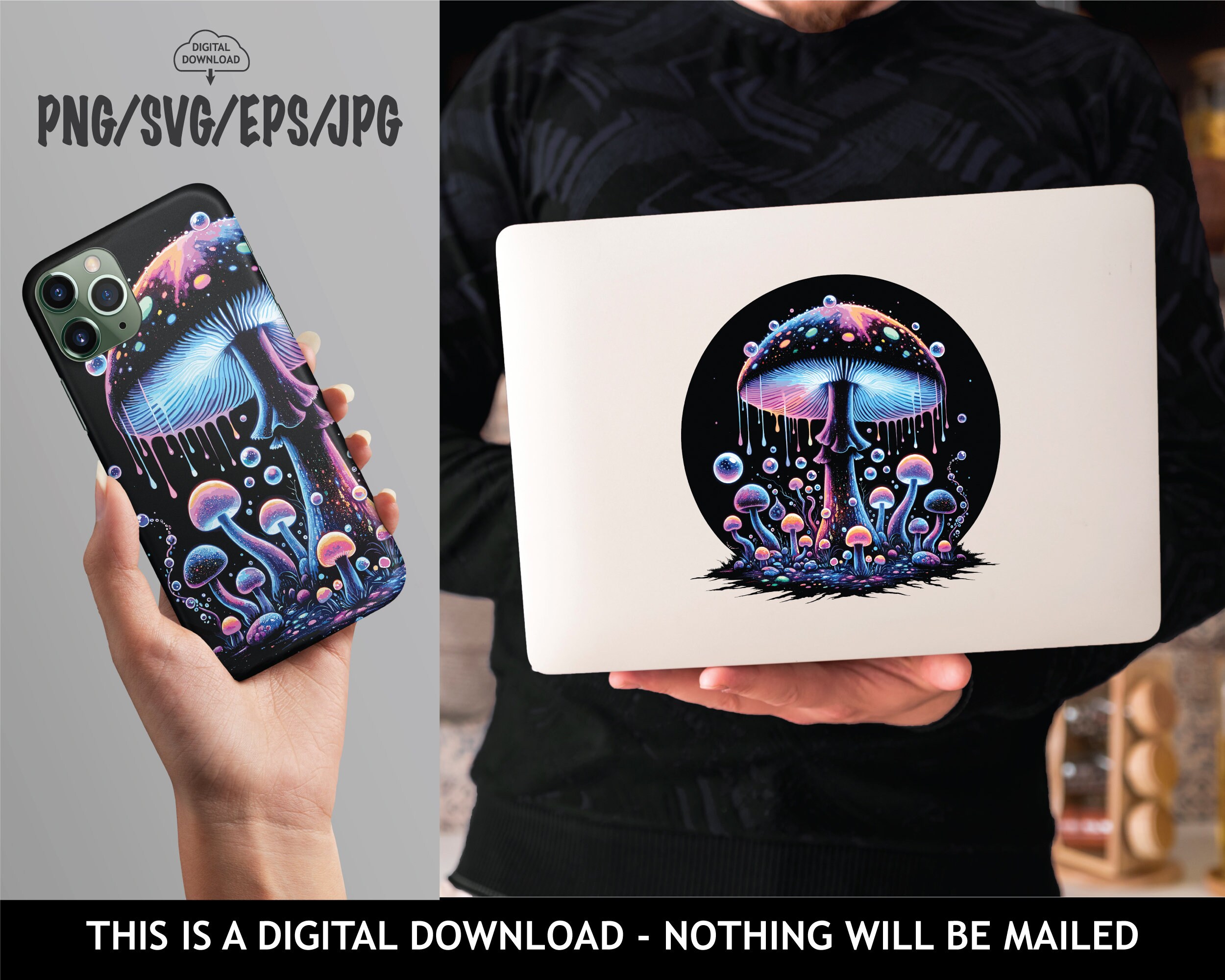 Magic Mushroom T-shirt Print, Night Mushrooms Png, Colorful Mushroom ...