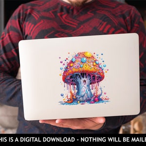 Peut inclure: Un champignon psych&eacute;d&eacute;lique color&eacute; avec de la peinture qui coule et une tige bleue et violette. Le champignon est entour&eacute; de bulles color&eacute;es.