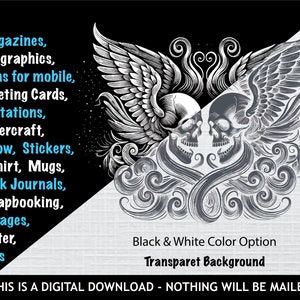 Op de afbeelding: Zwart-witte digitale illustratie van twee schedels met vleugels. De schedels kijken elkaar aan en zijn omringd door een bloemmotief. De tekst "Black & White Color Option" en "Transparet Background" staat onder de afbeelding.