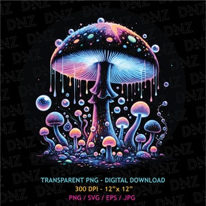 Magic Mushroom T-Shirt Print, Night Mushrooms Png, Colorful Mushroom Svg, Neon Mushroom Wall Art, Glowing Mushrooms Png, Digital Download