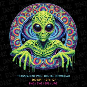 Void Visitor Png, Psychedelic Alien Svg, Alien T-Shirt Print, Cosmic Alien Eps, Png for Sublimation, Printable Transparent, Space Alien Png