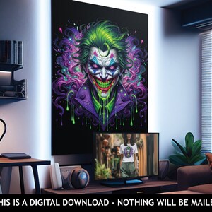 May include: A digital illustration of the Joker, a supervillain from Batman comics. The Joker has green hair, a purple suit, and a wide, toothy grin. The background is black with green and purple dripping paint.