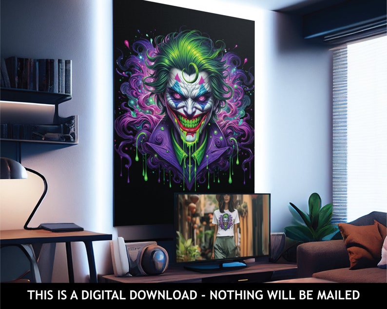 May include: A digital illustration of the Joker, a supervillain from Batman comics. The Joker has green hair, a purple suit, and a wide, toothy grin. The background is black with green and purple dripping paint.
