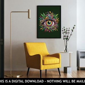 May include: A digital print of a psychedelic eye with colorful swirls and green leaves on a dark green background. The print is framed and hanging on a white wall in a living room setting.