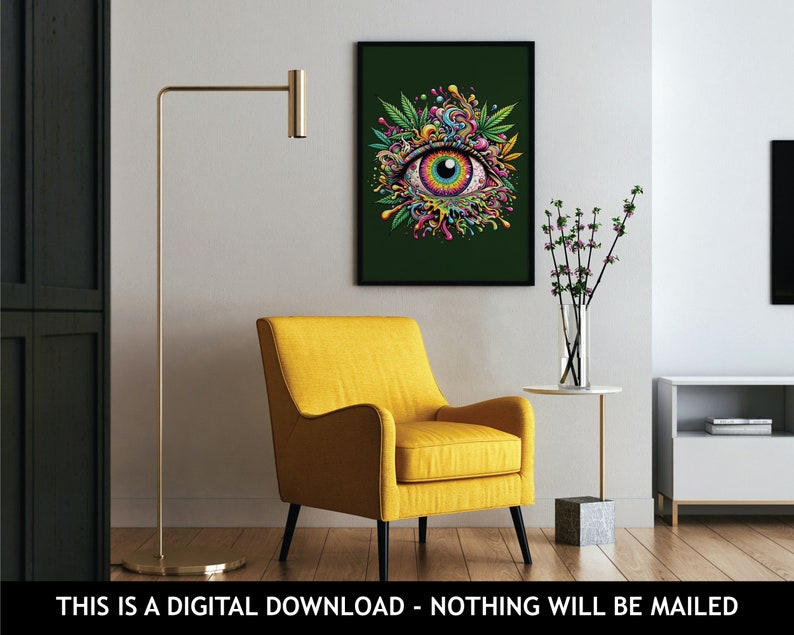 May include: A digital print of a psychedelic eye with colorful swirls and green leaves on a dark green background. The print is framed and hanging on a white wall in a living room setting.