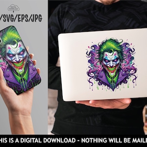 May include: A digital illustration of a green and purple Joker character with a dripping green and purple background. The Joker is wearing a purple jacket and has a menacing smile.