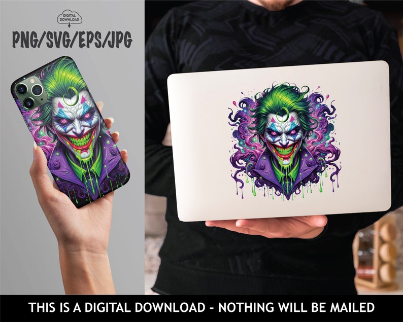May include: A digital illustration of a green and purple Joker character with a dripping green and purple background. The Joker is wearing a purple jacket and has a menacing smile.