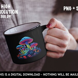 May include: A black mug with a colorful mushroom design. The mushrooms are pink, blue, and green with white spots. The mug has a white interior and a black rim.