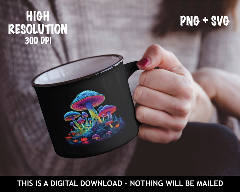 May include: A black mug with a colorful mushroom design. The mushrooms are pink, blue, and green with white spots. The mug has a white interior and a black rim.