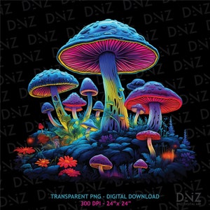 Neon Mushroom Forest PNG, Neon Mushroom SVG, Digital Download for Sublimation, Psychedelic Art, Ready T-shirt Printing, Vibrant Art for DIY
