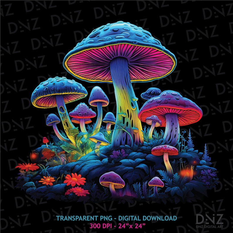 May include: A digital illustration of a group of glowing, psychedelic mushrooms in a dark forest setting. The mushrooms are various sizes and shapes, with vibrant colors of blue, purple, pink, and green. The image has a dark background with a few small, glowing flowers.
