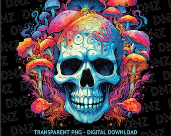 Psychedelic Mushroom Skull PNG, Magic Mushroom Clipart, Colorful Skull T-Shirt Design, Psychedelic Art, Sublimation Png, Digital download