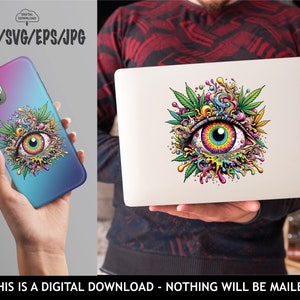 May include: A digital download of a colorful psychedelic eye with green leaves and dripping paint. The eye is surrounded by a swirling pattern of colors and textures. The image is perfect for use on phone cases, laptop skins, and other digital products.