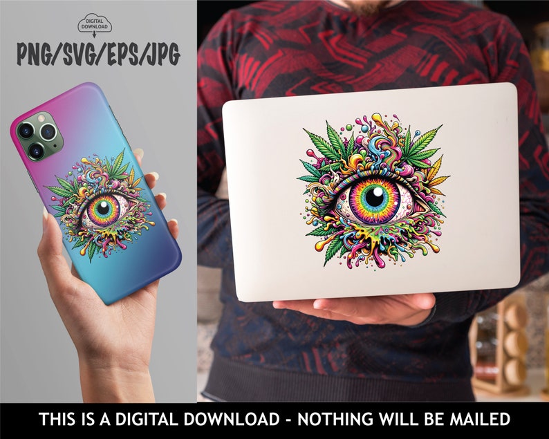 May include: A digital download of a colorful psychedelic eye with green leaves and dripping paint. The eye is surrounded by a swirling pattern of colors and textures. The image is perfect for use on phone cases, laptop skins, and other digital products.