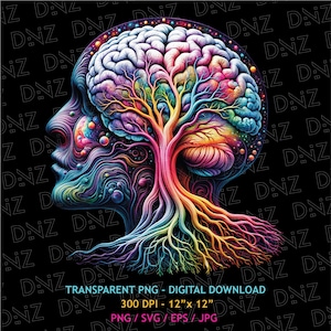 May include: A colourful, psychedelic illustration of a tree growing out of a human brain. The tree has a rainbow of colours and the roots are spread out like a network. The background is black.