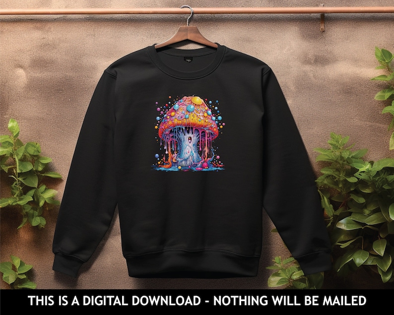 Peut inclure: Sweat-shirt noir avec un motif de champignon psych&eacute;d&eacute;lique color&eacute;. Le champignon a un effet de goutte &agrave; goutte et est entour&eacute; de bulles.