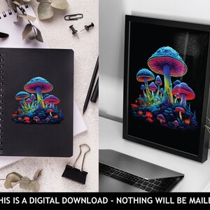 May include: A digital illustration of a cluster of glowing, psychedelic mushrooms on a black background. The mushrooms are various shades of blue, purple, and pink, with white spots. The illustration is framed in a black frame.