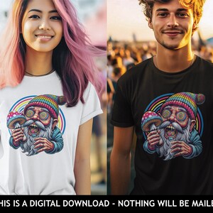 May include: White and black t-shirts featuring a colorful cartoon gnome with a mushroom. The gnome has a long white beard, a rainbow hat, and swirling eyes. The text "THIS IS A DIGITAL DOWNLOAD - NOTHING WILL BE MAILED" is at the bottom.