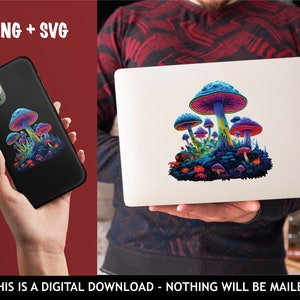 May include: A digital illustration of a cluster of colorful mushrooms with glowing, iridescent caps. The mushrooms are set against a dark background and have a psychedelic, trippy aesthetic.