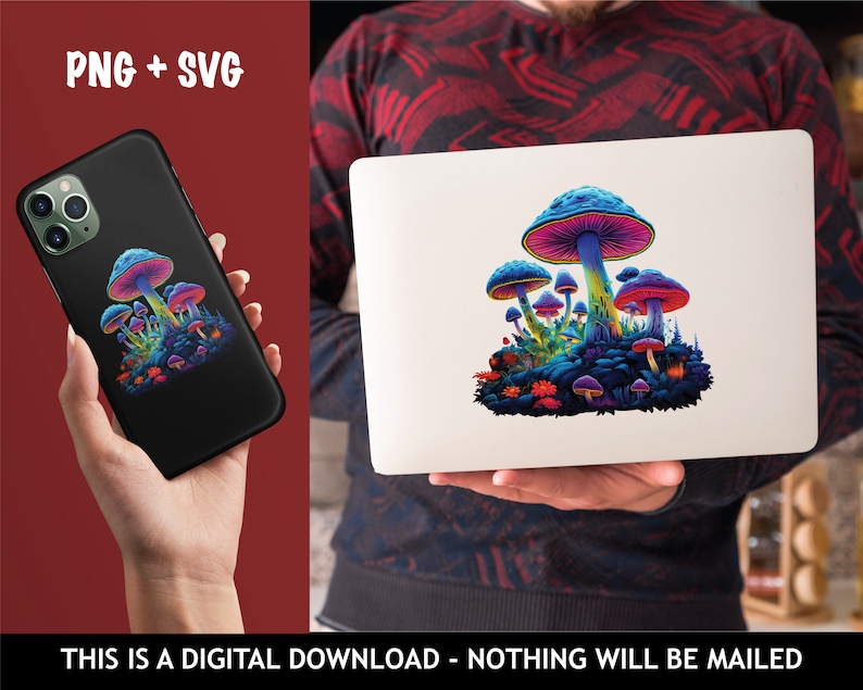 May include: A digital illustration of a cluster of colorful mushrooms with glowing, iridescent caps. The mushrooms are set against a dark background and have a psychedelic, trippy aesthetic.