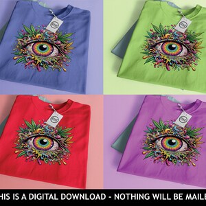 May include: Four different colored t-shirts with a psychedelic eye graphic and marijuana leaves. The text "DNA" is on a tag on each shirt.