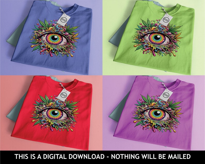May include: Four different colored t-shirts with a psychedelic eye graphic and marijuana leaves. The text "DNA" is on a tag on each shirt.