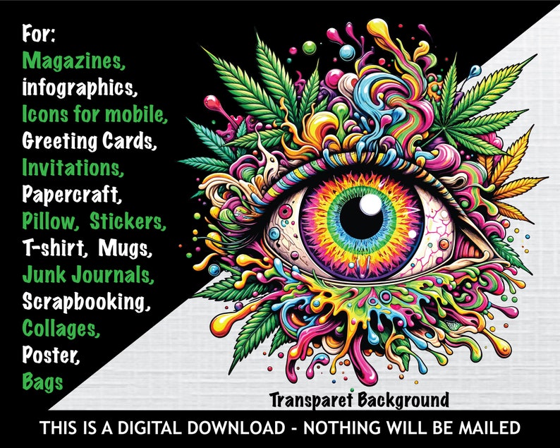 May include: A psychedelic eye with a rainbow iris and black pupil surrounded by green marijuana leaves and colorful abstract shapes. The text "Transparet Background" is at the bottom of the image.