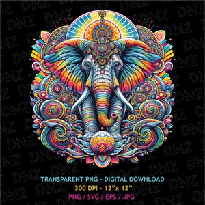 May include: A colorful digital illustration of an elephant with intricate patterns and designs. The elephant is surrounded by swirling patterns and a mandala-like design. The image is set against a black background.