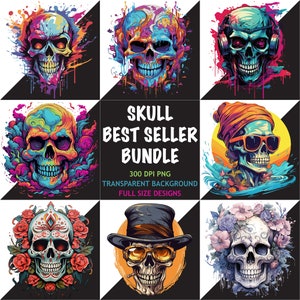 Puede incluir: Un conjunto de seis ilustraciones de calaveras coloridas con diferentes fondos y accesorios. Las calaveras están en varios estilos, incluyendo una calavera con auriculares, una calavera con gafas de sol y una calavera con una corona de flores. El texto "SKULL BEST SELLER BUNDLE" se muestra en el centro de la imagen.