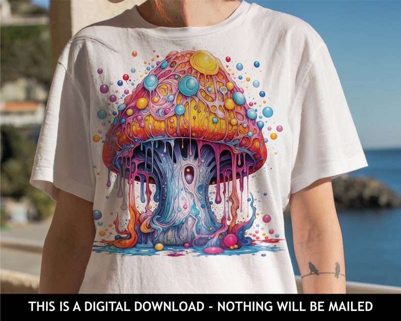 Peut inclure: Un t-shirt blanc avec un motif de champignon psych&eacute;d&eacute;lique color&eacute;. Le champignon est en train de couler d'un liquide color&eacute; et entour&eacute; de petites bulles color&eacute;es.
