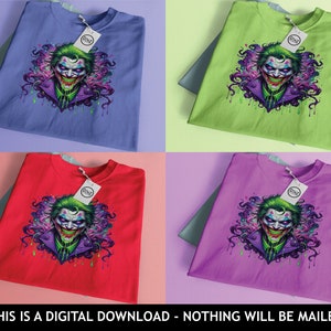 May include: Four different coloured t-shirts featuring a graphic print of the Joker from Batman. The Joker is depicted with a green and purple background and a white tag that says "DNA" on each shirt.