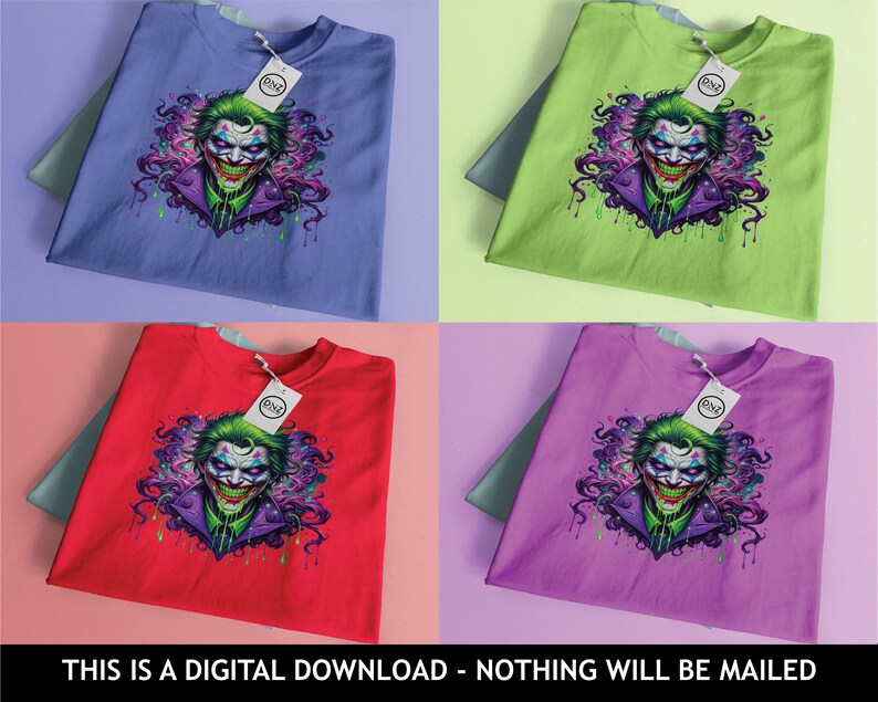 May include: Four different coloured t-shirts featuring a graphic print of the Joker from Batman. The Joker is depicted with a green and purple background and a white tag that says "DNA" on each shirt.