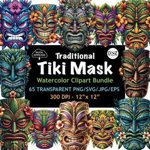65 Tiki Masks Png, Traditional Tiki Mask Svg, Tiki Mask Clipart, Hawaiian Tiki Mask, Tropical Mask, Colorful Floral Masks, Digital Download