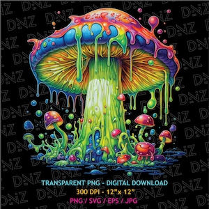 Mushroom and Bubbles PNG, Magic Mushroom Clipart, Trippy T-Shirt Design, Colorful Mushroom, Psychedelic Mushroom Svg, Printable Transparent
