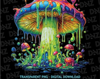 Paddenstoel en bubbels PNG, magische paddestoelen clipart, trippy T-shirt design, kleurrijke paddestoel, psychedelische paddestoel SVG, afdrukbare transparant