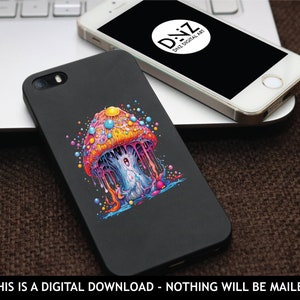Peut inclure: Une coque de t&eacute;l&eacute;phone noire avec un motif de champignon psych&eacute;d&eacute;lique color&eacute;. Le champignon est en train de d&eacute;goutter d'un liquide color&eacute; et entour&eacute; de bulles. La coque a une finition brillante.