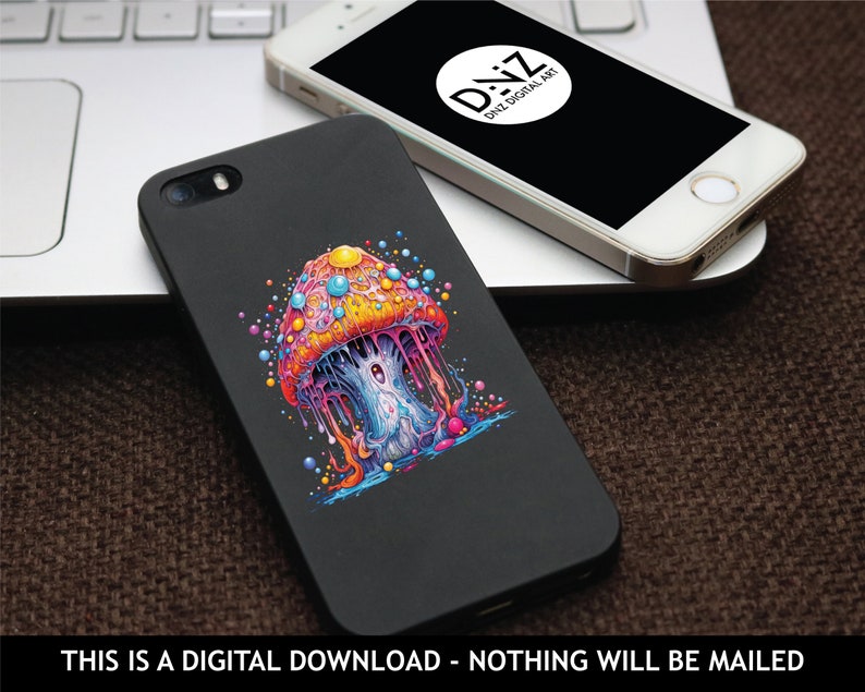 Peut inclure: Une coque de t&eacute;l&eacute;phone noire avec un motif de champignon psych&eacute;d&eacute;lique color&eacute;. Le champignon est en train de d&eacute;goutter d'un liquide color&eacute; et entour&eacute; de bulles. La coque a une finition brillante.