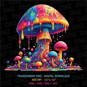 Colorful Mushroom Png, Magic Mushrooms Svg, Psychedelic Mushroom Design, Mushroom T-Shirt Print, Png For Sublimation, Printable Transparent