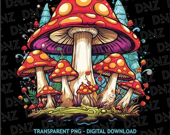 Cute Mushrooms Png, Trippy T-Shirt Print, Colorful Mushroom Svg, Magic Mushroom Clipart Eps, Psychedelic Mushroom Wall Art, Digital Download